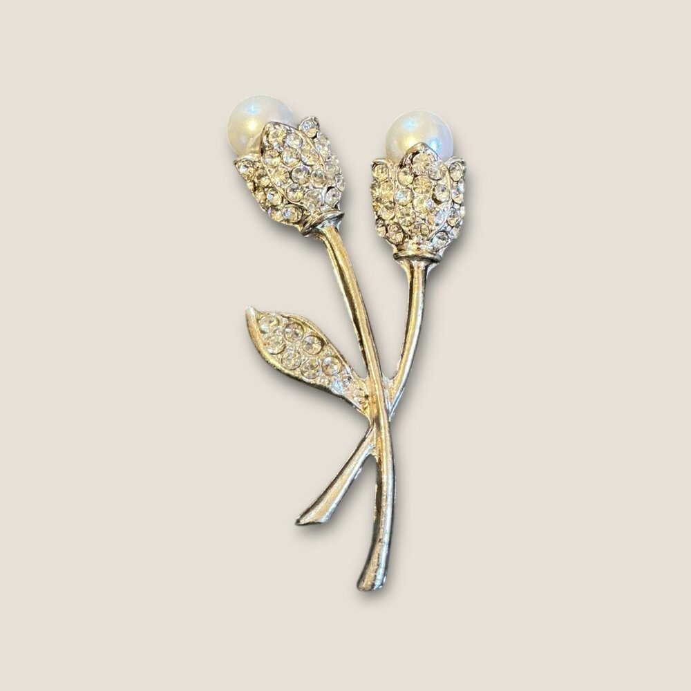 Vintage Pearl & Rhinestone Floral Tulip Brooch Pin